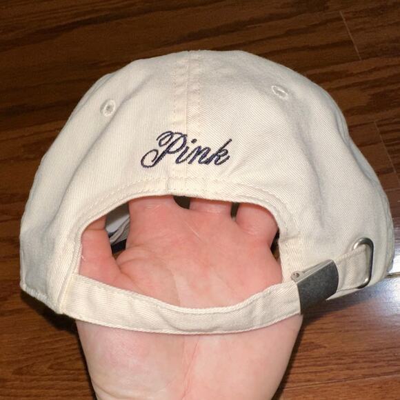 NEW PINK Victorias Secret Two Tone Cream Navy Embroidered Logo Baseball Cap OS - Picture 3 of 9